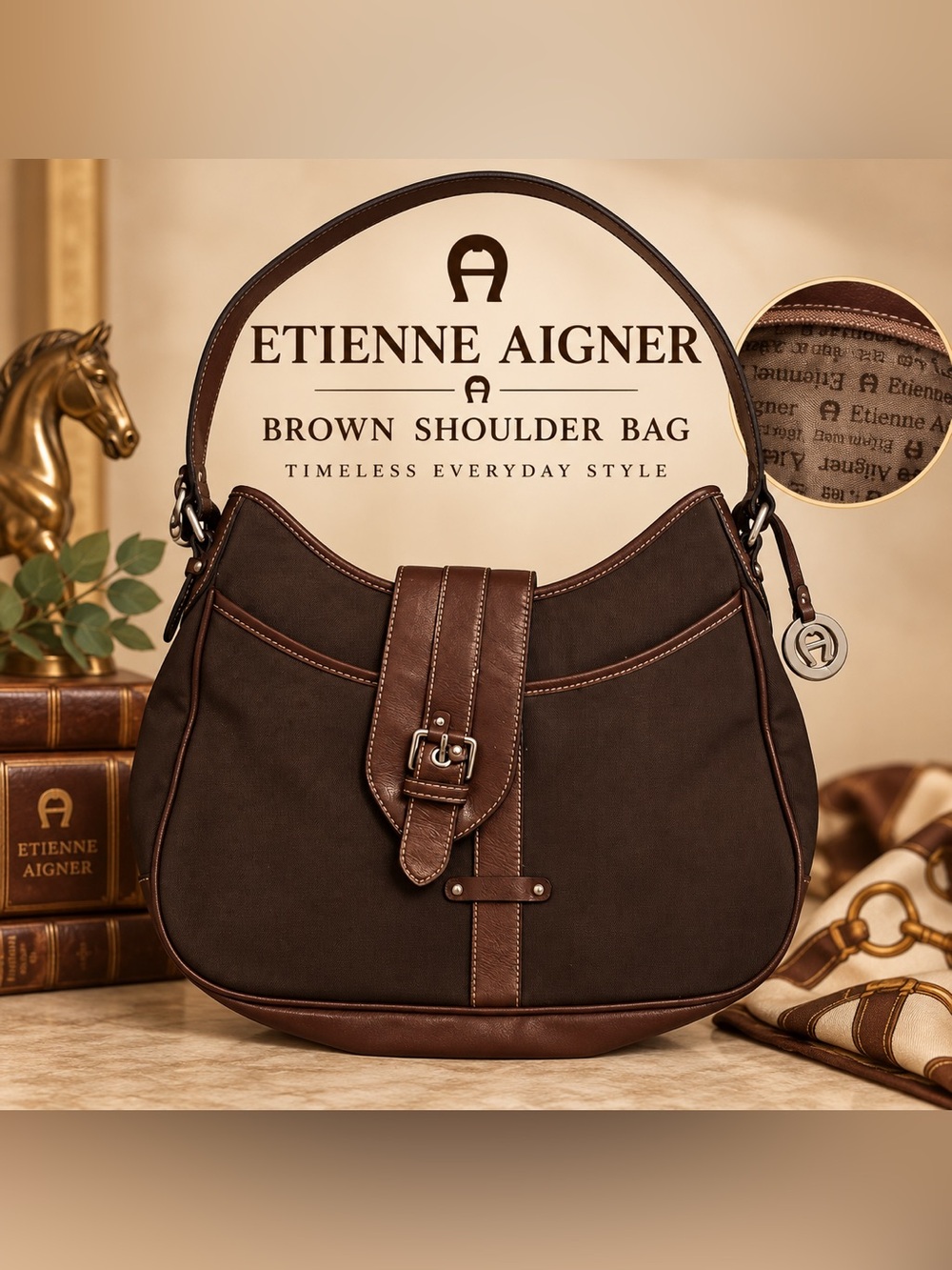 Etienne Aigner Brown Shoulder Bag Buckle Detail & Logo Charm